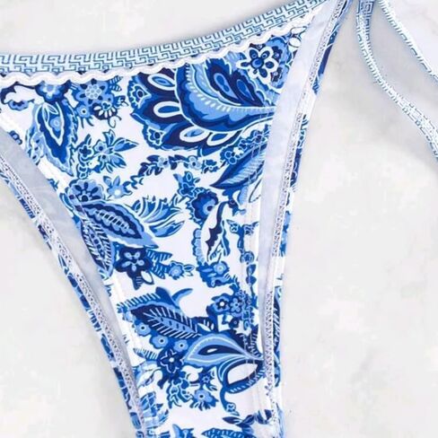 Blue Porcelain Print Bikini Set for Women, Two Piece Swimsuit with Stretch Fabric, Beach Pool Style in Kuwait