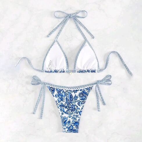 Blue Porcelain Print Bikini Set for Women, Two Piece Swimsuit with Stretch Fabric, Beach Pool Style in Kuwait