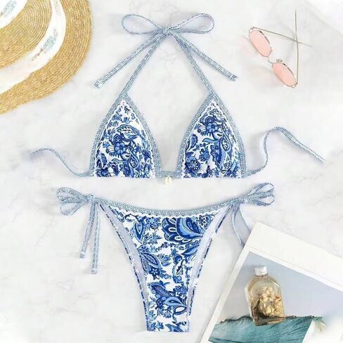 Blue Porcelain Print Bikini Set for Women, Two Piece Swimsuit with Stretch Fabric, Beach Pool Style in Kuwait