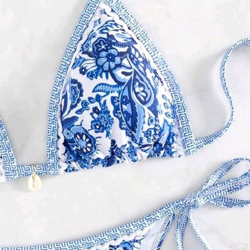 Blue Porcelain Print Bikini Set for Women, Two Piece Swimsuit with Stretch Fabric, Beach Pool Style in Kuwait