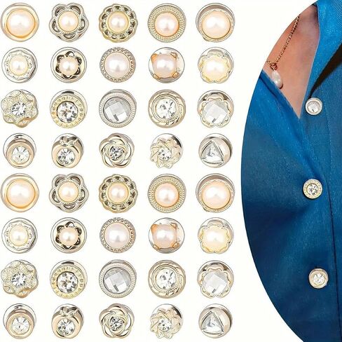 40Pcs Women's Brooch, Elegant With Rhinestone And Pearl Buttons, Suitable For Low-cut Tops, Reusable Lapel Brooch To Clothing From Being Exposed in Kuwait