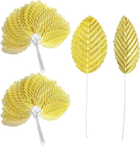 Grevosea 300 Pcs Gold Leaves Artificial Flowers Silk Single Leaf Fake Leaves with Stems for Crafts DIY Corsage Bouquet Wreaths Wedding Party Decorations Table Centerpiece in Saudi Arabia