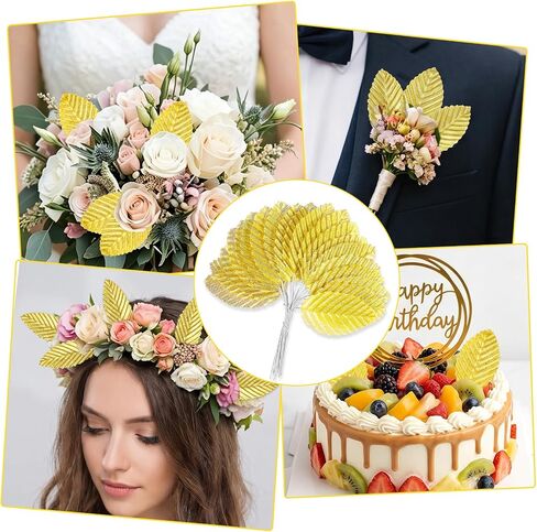 Grevosea 300 Pcs Gold Leaves Artificial Flowers Silk Single Leaf Fake Leaves with Stems for Crafts DIY Corsage Bouquet Wreaths Wedding Party Decorations Table Centerpiece in Saudi Arabia
