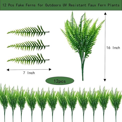 12 Pcs Fake Fern, Artificial Ferns for Outdoors UV Resistant Faux Fern Plants, Realistic Greenery Fern Stmes for Outdoor Planter Large Outdoor Patio Boston Fern Garden Porch Décor in Saudi Arabia
