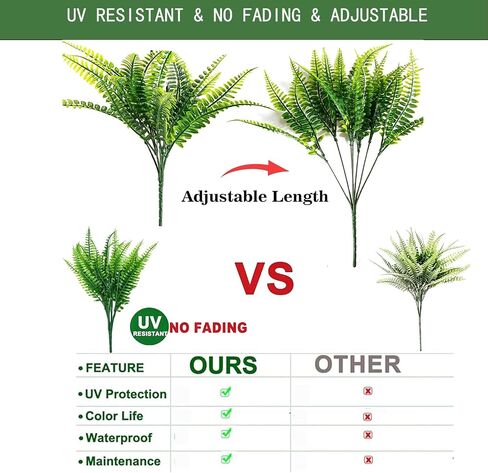 12 Pcs Fake Fern, Artificial Ferns for Outdoors UV Resistant Faux Fern Plants, Realistic Greenery Fern Stmes for Outdoor Planter Large Outdoor Patio Boston Fern Garden Porch Décor in Saudi Arabia