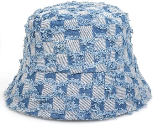 Women's Vintage Denim Washed Cotton Bucket Hat Cowboy Checkerboard Fishermen Hat Outdoor Sun Cap in Saudi Arabia