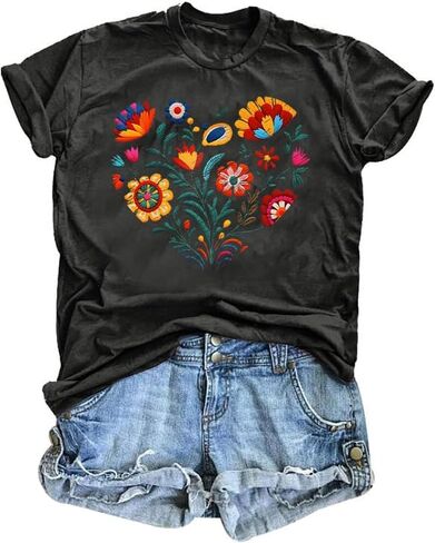 Mexican Shirts for Women Mexico Fiesta Party Blouse Boho Flower Folklore Floral Heritage Tee Tops in Saudi Arabia
