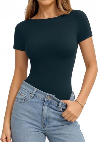 MANGOPOP Short Sleeve Boat Neck Tops for Women Fitted Tight Shirts Summer Y2k Basic Tops 2026 Spring Outfits in Kuwait