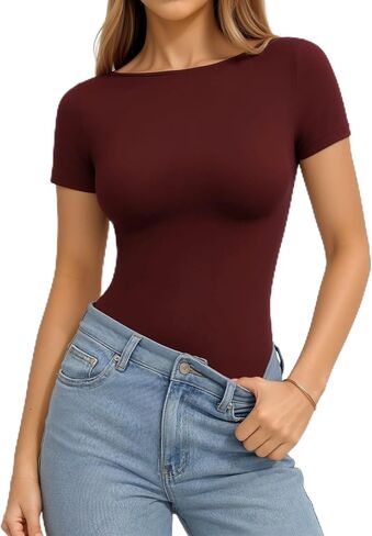 MANGOPOP Short Sleeve Boat Neck Tops for Women Fitted Tight Shirts Summer Y2k Basic Tops 2026 Spring Outfits in Kuwait