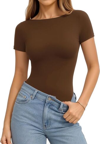 MANGOPOP Short Sleeve Boat Neck Tops for Women Fitted Tight Shirts Summer Y2k Basic Tops 2026 Spring Outfits in Kuwait