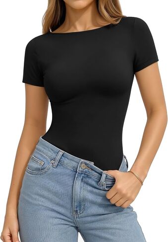 MANGOPOP Short Sleeve Boat Neck Tops for Women Fitted Tight Shirts Summer Y2k Basic Tops 2026 Spring Outfits in Kuwait