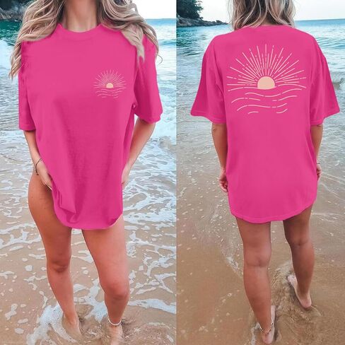 Oversized Sunshine Sunset T-Shirts for Women Vintage Sun Print Graphic Tee Beach Hawaiian Graphic Tees Baggy Tops in Saudi Arabia