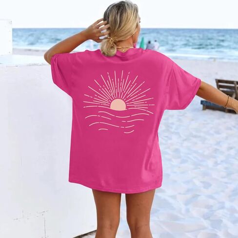 Oversized Sunshine Sunset T-Shirts for Women Vintage Sun Print Graphic Tee Beach Hawaiian Graphic Tees Baggy Tops in Saudi Arabia