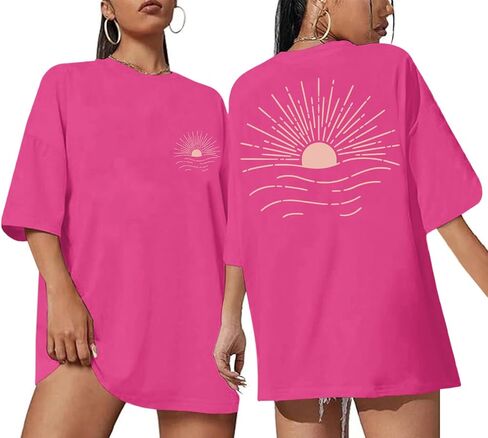Oversized Sunshine Sunset T-Shirts for Women Vintage Sun Print Graphic Tee Beach Hawaiian Graphic Tees Baggy Tops in Saudi Arabia