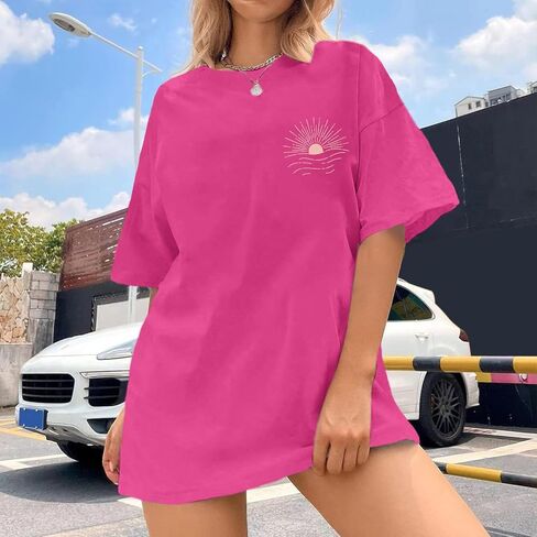 Oversized Sunshine Sunset T-Shirts for Women Vintage Sun Print Graphic Tee Beach Hawaiian Graphic Tees Baggy Tops in Saudi Arabia