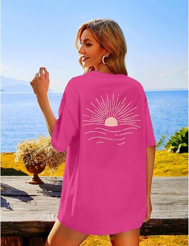 Oversized Sunshine Sunset T-Shirts for Women Vintage Sun Print Graphic Tee Beach Hawaiian Graphic Tees Baggy Tops in Saudi Arabia