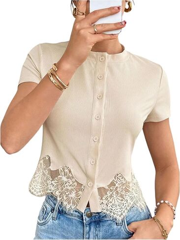 BEAUDRM Women's Y2k Lace Tops Button Up Crew Neck Short Sleeve Knitted Elegant Going Out Top Office Work Outfits in Kuwait