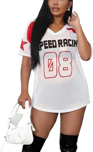 Jersey Shirts for Women - Mesh Short Sleeve Tops Sheer Blouse Graphic Tees Casual Party Club Y2k Streetwear in Saudi Arabia