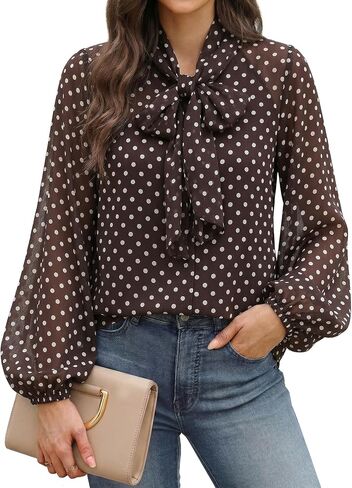Wyeysyt Womens Polka Dot Blouse Bow Tie Neck Long Sleeve Shirts Chiffon Blouses Tops(Brown-XL) in Saudi Arabia