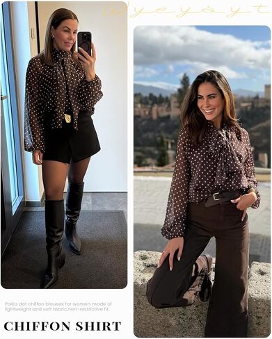 Wyeysyt Womens Polka Dot Blouse Bow Tie Neck Long Sleeve Shirts Chiffon Blouses Tops(Brown-XL) in Saudi Arabia