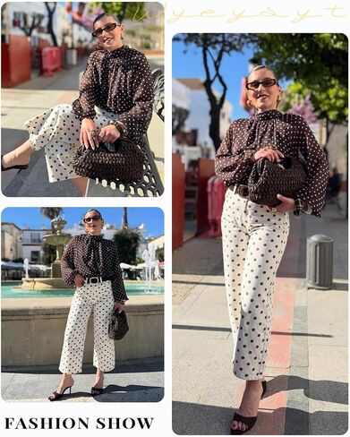 Wyeysyt Womens Polka Dot Blouse Bow Tie Neck Long Sleeve Shirts Chiffon Blouses Tops(Brown-XL) in Saudi Arabia