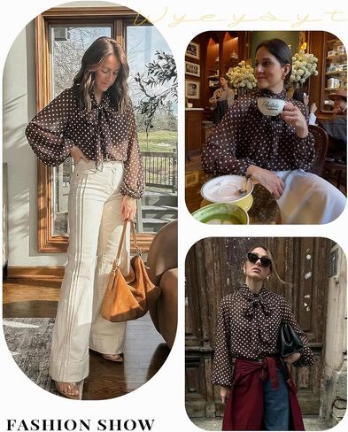 Wyeysyt Womens Polka Dot Blouse Bow Tie Neck Long Sleeve Shirts Chiffon Blouses Tops(Brown-XL) in Saudi Arabia