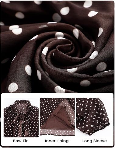 Wyeysyt Womens Polka Dot Blouse Bow Tie Neck Long Sleeve Shirts Chiffon Blouses Tops(Brown-XL) in Saudi Arabia