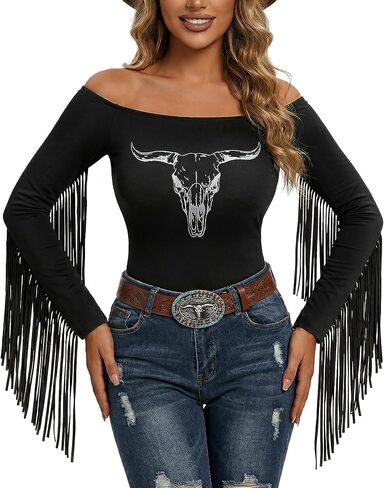 Black Western Tops for Women Fringe Cowgirl Shirts Blouses Stretchy Long Sleeve with Tassels Cowgirl Outfits for Women in Saudi Arabia