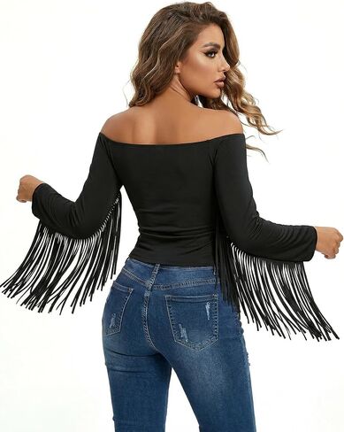 Black Western Tops for Women Fringe Cowgirl Shirts Blouses Stretchy Long Sleeve with Tassels Cowgirl Outfits for Women in Saudi Arabia