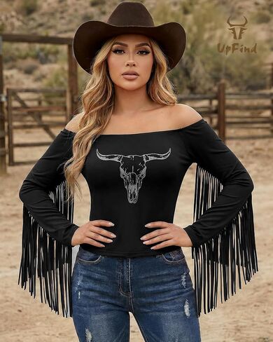 Black Western Tops for Women Fringe Cowgirl Shirts Blouses Stretchy Long Sleeve with Tassels Cowgirl Outfits for Women in Saudi Arabia