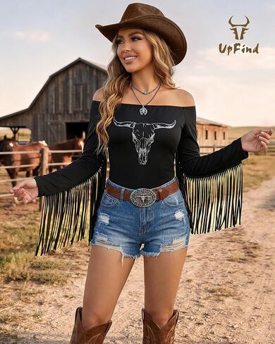 Black Western Tops for Women Fringe Cowgirl Shirts Blouses Stretchy Long Sleeve with Tassels Cowgirl Outfits for Women in Saudi Arabia