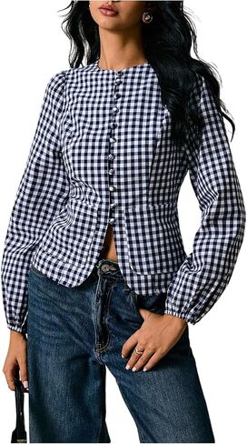 Women's Gingham Button Down Shirt Vintage Puff Long Sleeve Tie Back Cute Going Out Blouses with Pockets in Saudi Arabia