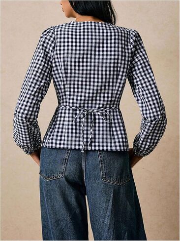 Women's Gingham Button Down Shirt Vintage Puff Long Sleeve Tie Back Cute Going Out Blouses with Pockets in Saudi Arabia