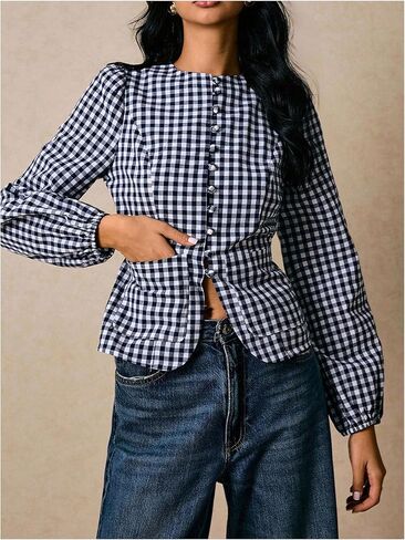 Women's Gingham Button Down Shirt Vintage Puff Long Sleeve Tie Back Cute Going Out Blouses with Pockets in Saudi Arabia
