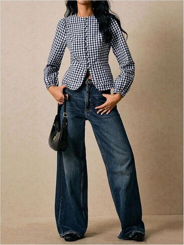 Women's Gingham Button Down Shirt Vintage Puff Long Sleeve Tie Back Cute Going Out Blouses with Pockets in Saudi Arabia