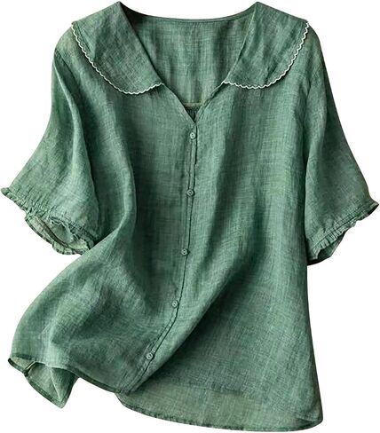 Womens Babydoll Tops Cotton Linen Peter Pan Collar Dressy Blouses Short Sleeve Ruffle Trim Button Down Shirt in Saudi Arabia