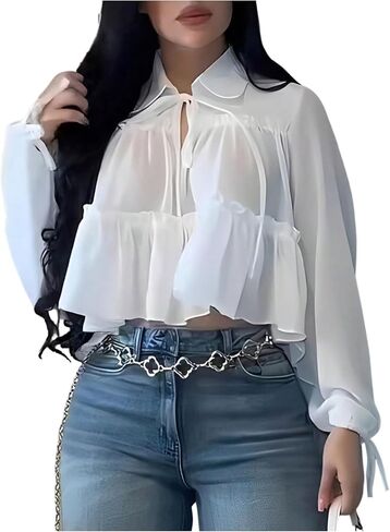 GORGLITTER Women's Sheer Peplum Tops See Through Ruffle Long Sleeve High Low Hem Flowy Chiffon Blouse in Kuwait