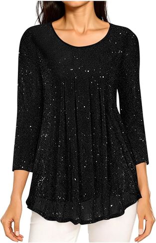 Womens Dressy Blouse 3/4 Sleeve Glitter Sparkly Pleated Double Layer Tops Curved Hem Shiny Cocktail Shirts in Saudi Arabia