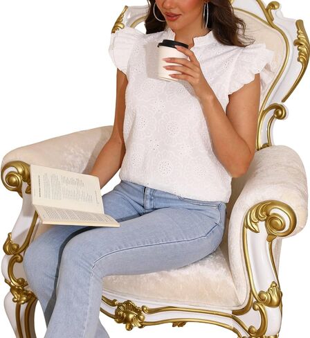 Cap Ruffle Sleeve V Neck Eyelet Embroidered Tops for Women Cute Dressy Casual Blouse in Saudi Arabia