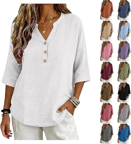 GOKKILRW Linen Tops Women Casual 3/4 Sleeve Summer Gauze Peasant Blouse V Neck Button Dressy Henley Shirt Beach Vacation Tees in Saudi Arabia