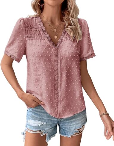 Women's 2026 Swiss Dot Boho Lace Blouse - V-Neck Short Sleeve Summer Top, Casual Chic Shirt in Saudi Arabia