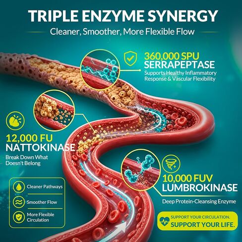 Nattokinase Supplement 12,000 FU (Max Strength) Serrapeptase 360,000 SPU, Lumbrokinase 10,000 FUV & CoQ10 -Systemic Enzymes Complex for Cardiovascular & Circulatory, Gut & Digestion Health-90 Capsules in Saudi Arabia