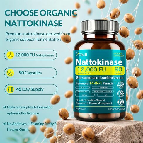 Nattokinase Supplement 12,000 FU (Max Strength) Serrapeptase 360,000 SPU, Lumbrokinase 10,000 FUV & CoQ10 -Systemic Enzymes Complex for Cardiovascular & Circulatory, Gut & Digestion Health-90 Capsules in Saudi Arabia