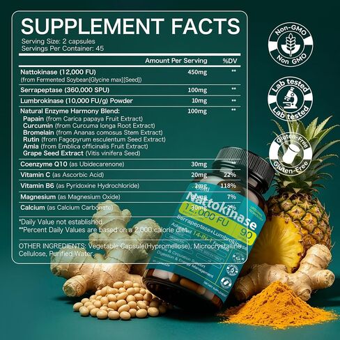 Nattokinase Supplement 12,000 FU (Max Strength) Serrapeptase 360,000 SPU, Lumbrokinase 10,000 FUV & CoQ10 -Systemic Enzymes Complex for Cardiovascular & Circulatory, Gut & Digestion Health-90 Capsules in Saudi Arabia