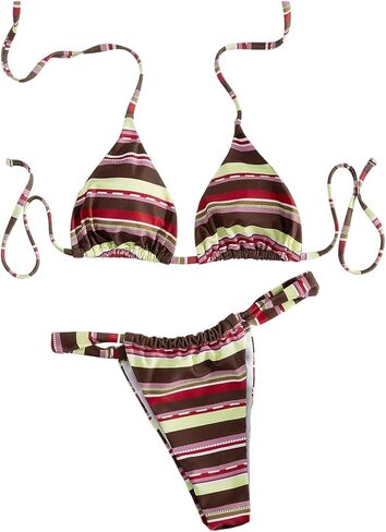 RoseSeek Women's Striped Bikini Sets Halter Triangle Thong Tie Back Boho Swimsuits 2 Piece Bathing Suit in Saudi Arabia