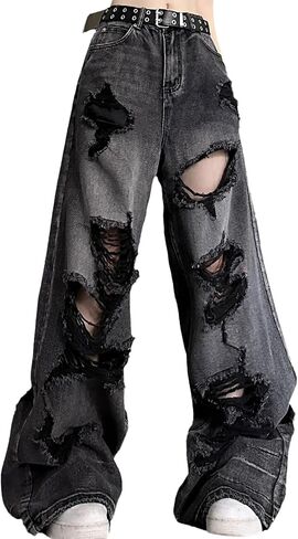 Women's Retro Casual Pants American y2k Sweet Cool Street Style Black Loose Wide Leg Straight Leg Ripped Jeans in Kuwait