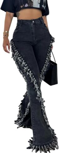 Tbahhir Women Flare Jeans wtih Distressed Fringes High Waisted Patchwork Denim Pants Frayed Bell Bottom Skinny Stretch in Saudi Arabia
