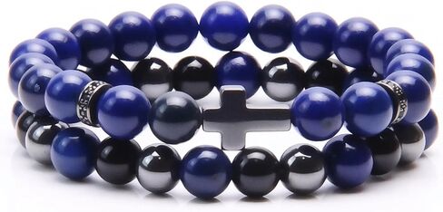 Cross Bracelet for Men - Black Obsidian Hematite Tiger Eye Triple Protection Bracelet Set 8MM Stretch Beaded Bracelets Faith Jewelry Gift for Men Boyfriend Husband Son in Saudi Arabia