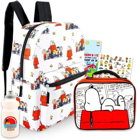 Peanuts Backpack with Lunch Box - Bundle with 16" Backpack Featuring Snoopy, Charlie Brown, More Plus Lunch Box, Water Bottle, Tattoos | Peanuts School Bag for Kids in Kuwait
