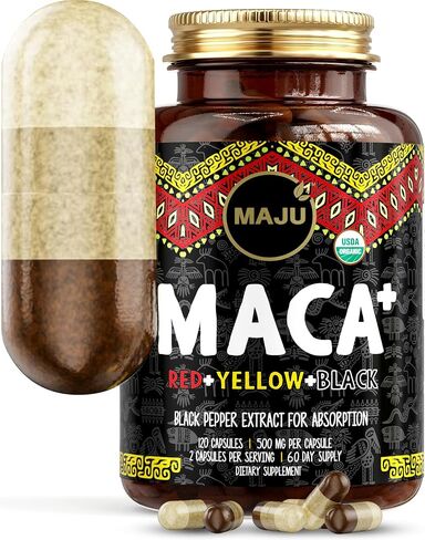 كبسولات جذر الماكا 4 في 1 من Maju Superfoods، جذور عضوية سوداء وصفراء وحمراء مع مستخلص الفلفل الأسود للامتصاص (120 قيراط) | منتج بيرو، مسحوق بيرو، مكمل غذائي للرجال والنساء، 60.000 ملغ in Kuwait